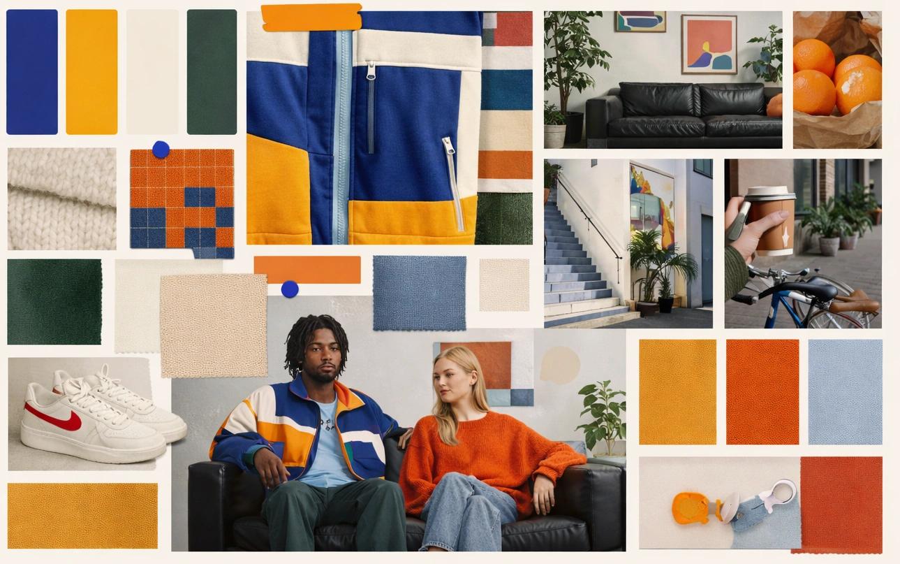 Mood board di direzione creativa IA e regole visive